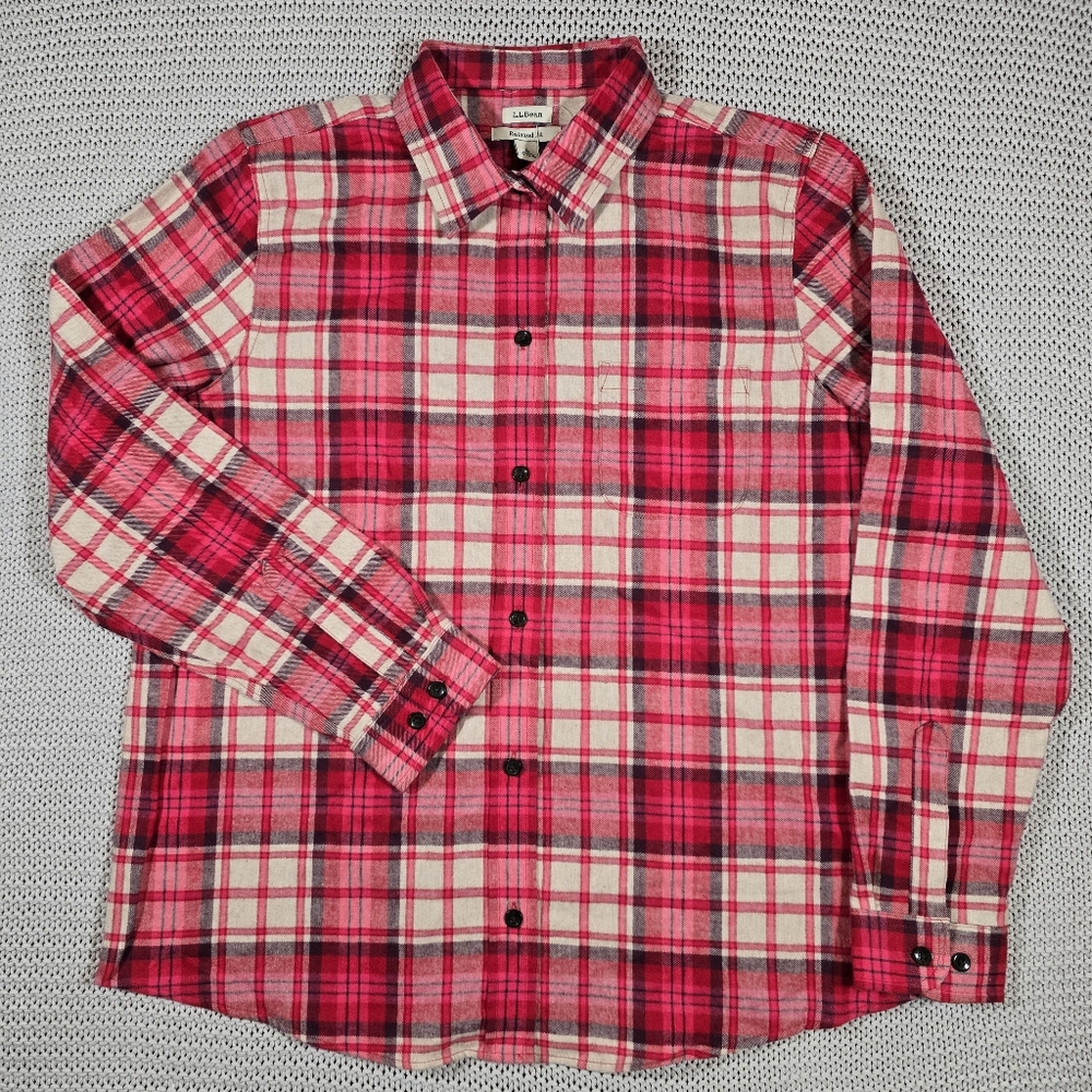 L.L. Bean Womens Scotch Flannel Shirt Sz L Royal Red Plaid Relaxed Fit Button Up
